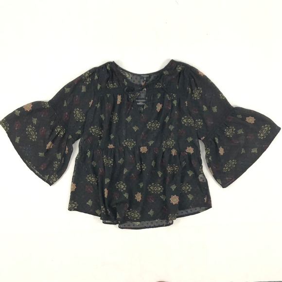 Lucky Brand Swiss Dot Peplum Bell Sleeve Sheer Top - Picture 3 of 7